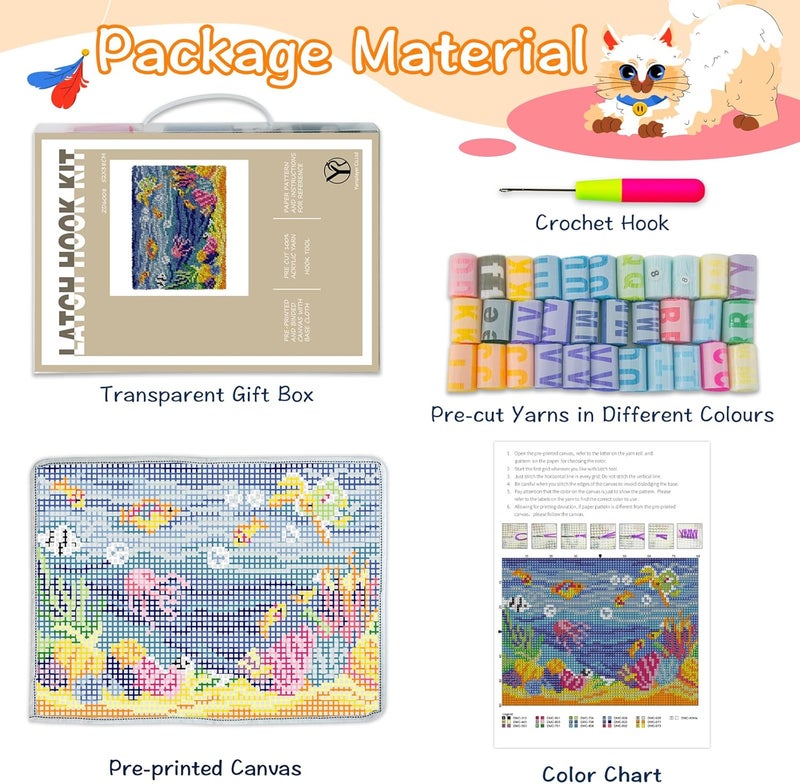 YP Underwater World Latch Hook Rug Kit - 20x15 Inch Ocean-Themed Needlework Craft, Beginner-Friendly Crochet Rug with Pre-Cut Yarn for Kids’ Creativity & Home Decoration - Image 2